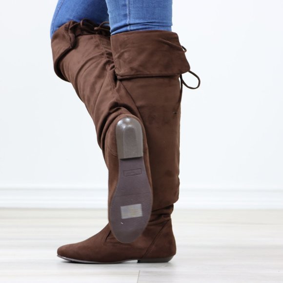 Fold Over Brown Thigh High Over The Knee Flat No Heel Boots Faux Suede Pointed - Picture 14 of 14